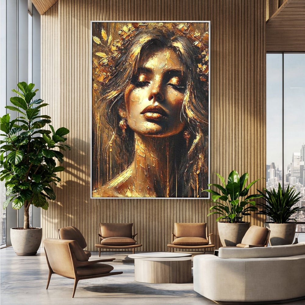 Tablou canvas cu tablou canvas cu portret de femeie aurita, in rama de aluminiu argintiu, pe perete intr-un birou